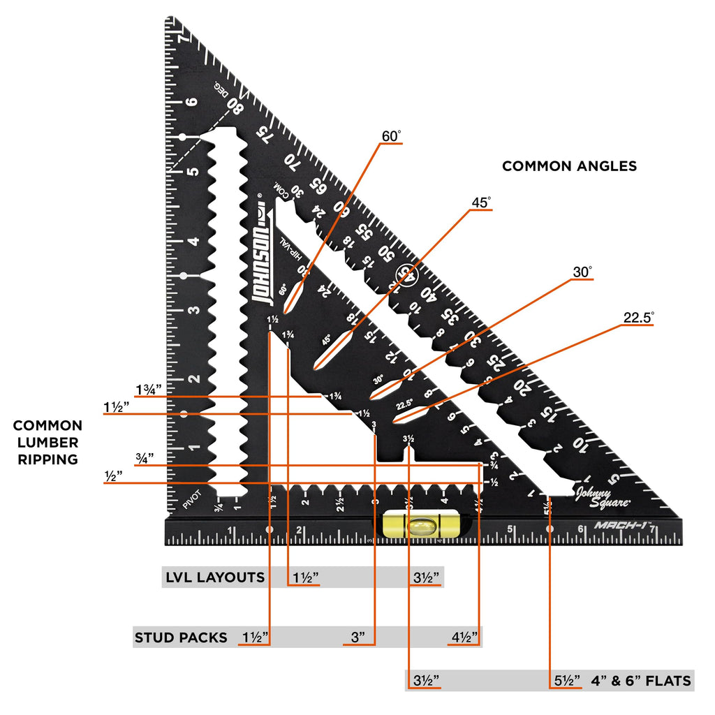 Johnson Level & Tool 1904-0700V 7-1/4" Johnny Square® MACH-1™ Smart Mark™ Rafter Square with Level Vial, Black