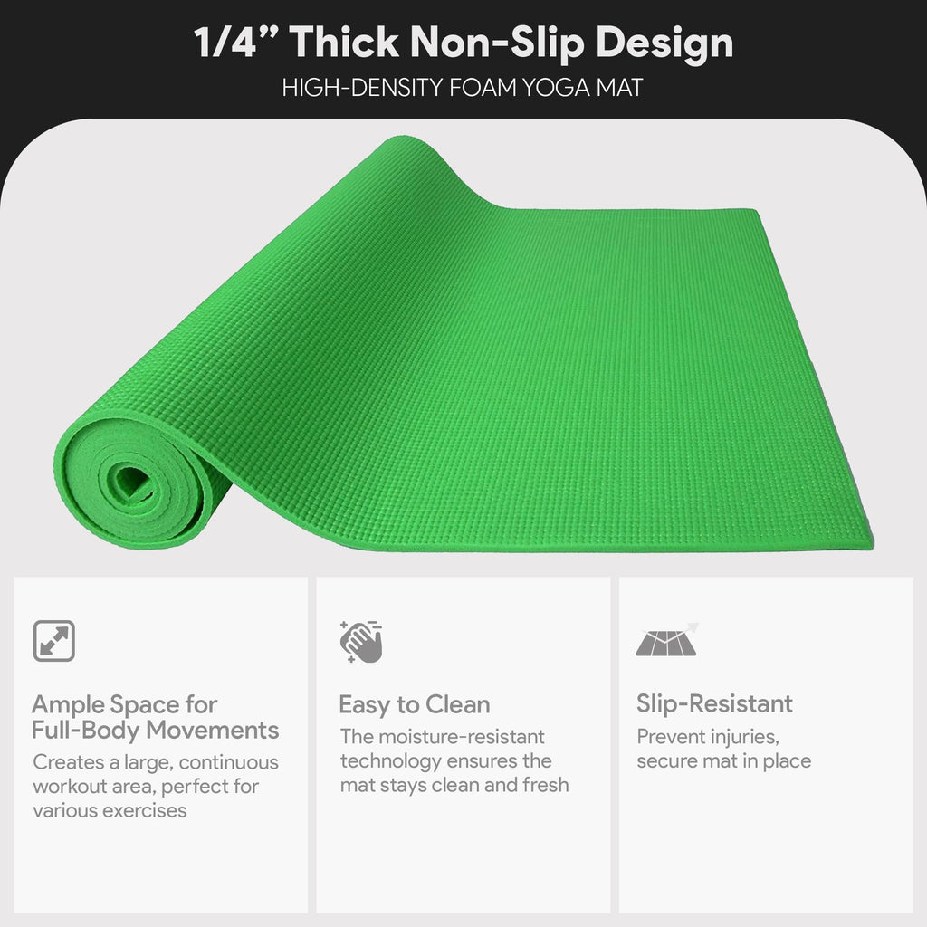 Fitvids 1/4-Inch High Density Thick Non Slip Yoga Mat with Knee Pad and Carrying Strap for Workout, Pilates, Gym Home Exercise, Green