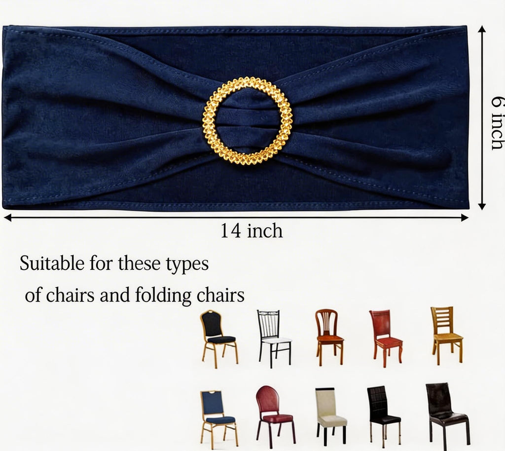 Pack of 50 Spandex Navy Blue Chair Sashes with Gold Buckles, Stretch Chairs Sashes for Wedding Party Baby Shower Ceremony Event Decorations Chair Bands Bows (Navy Blue Sashes, Gold Buckles)