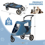 Magshion Pet Stroller for Medium Dogs w/Adjustable Handle, 3-Wheel Dog Cat Wagon w/Dual Entry, Rear Storage, Breathable Mesh, One-Foot Brake, Ideal for Large Pets up to 55 lbs, Navy Blue