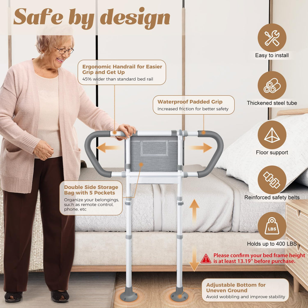 easymake Bedside Rail for Elderly Safety Adjustable Bed Aid with Storage Pocket, Non-Slip Handle,400 lbs Gravity Capacity (Stand-Compatible with Bed Frames 13.19" or Higher)