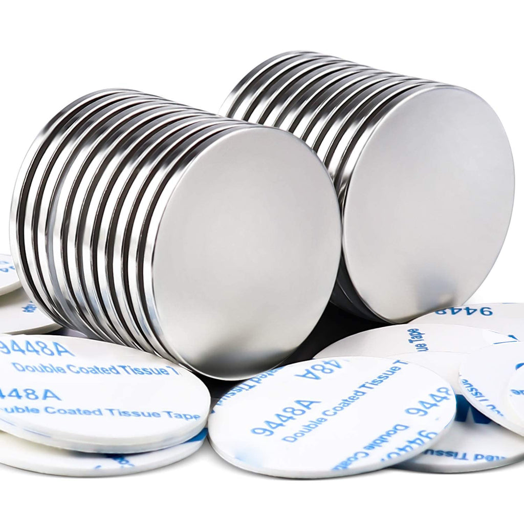 MIKEDE 20 Pack Strong Neodymium Disc Magnets with Double-Sided Adhesive, 1.26 inch D x 0.08 inch H Super Strong Rare Earth Magnet