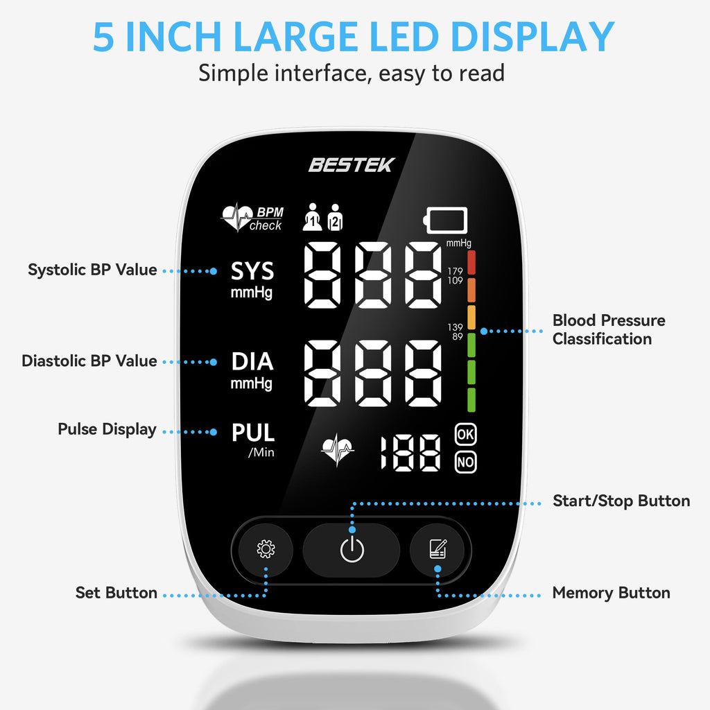 BESTEK Blood Pressure Monitor, Automatic Arm Blood Pressure Monitors for Home Use, Digital Large LED Voiced Broadcast BP Cuff Comfortable and Portable for Home Travel (9"-17" Adjustable)