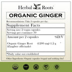 Herbal Roots Ginger Supplement | Organic Ginger Root Capsules | 1,200 mg of Pure Ginger Powder per Serving | 60 Vegan Capsules