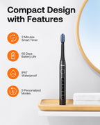Bitvae D2 Ultrasonic Electric Toothbrush for Adults and Kids, Electric Toothbrush with Rechargeable Power, 8 Toothbrush Heads and 5 Modes, Black