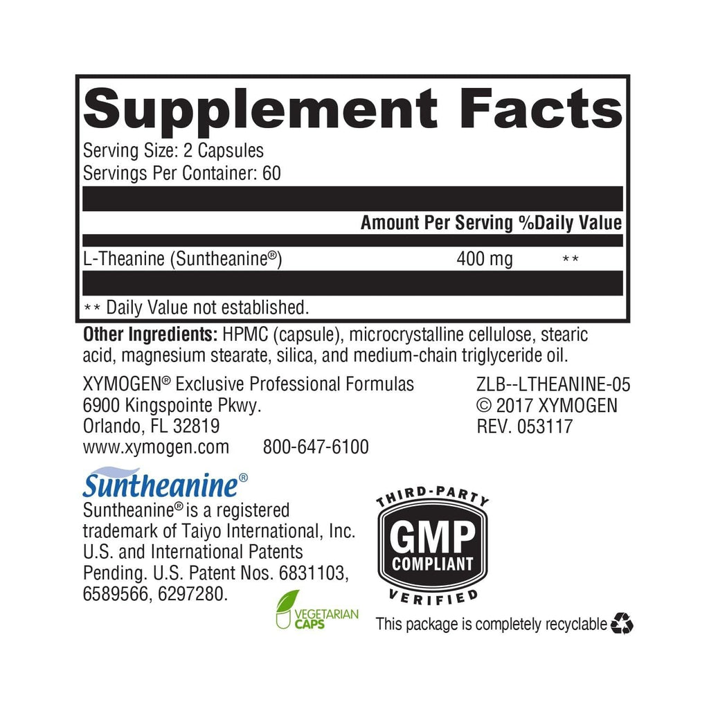 XYMOGEN L-Theanine - 400 mg as Suntheanine - Relaxation, Focus & Stress Support - Amino Acid Supplement - Non-Drowsy - Vegetarian, Non-GMO & Gluten Free - 120 Capsules