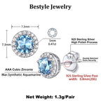 Bestyle 925 Sterling Silver Love Round Cubic Zirconia Earrings March Aquamarine Birthstone Stud Earrings for Women, Hypoallergenic Earrings for Sensitive Ears