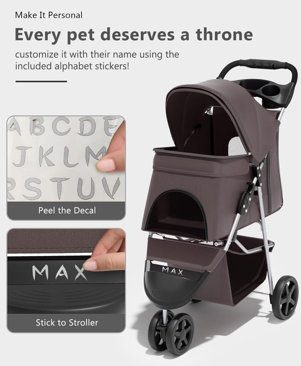 OS MOTOR Pet Stroller with 3 Wheels for Small/Medium Pets, Portable Travel Foldable Carrier Jogger for Dog Cat Puppy Kitty, Rear Wheel Breaks, Storage Basket, Visible Mesh with Weather Cover (Coffee)