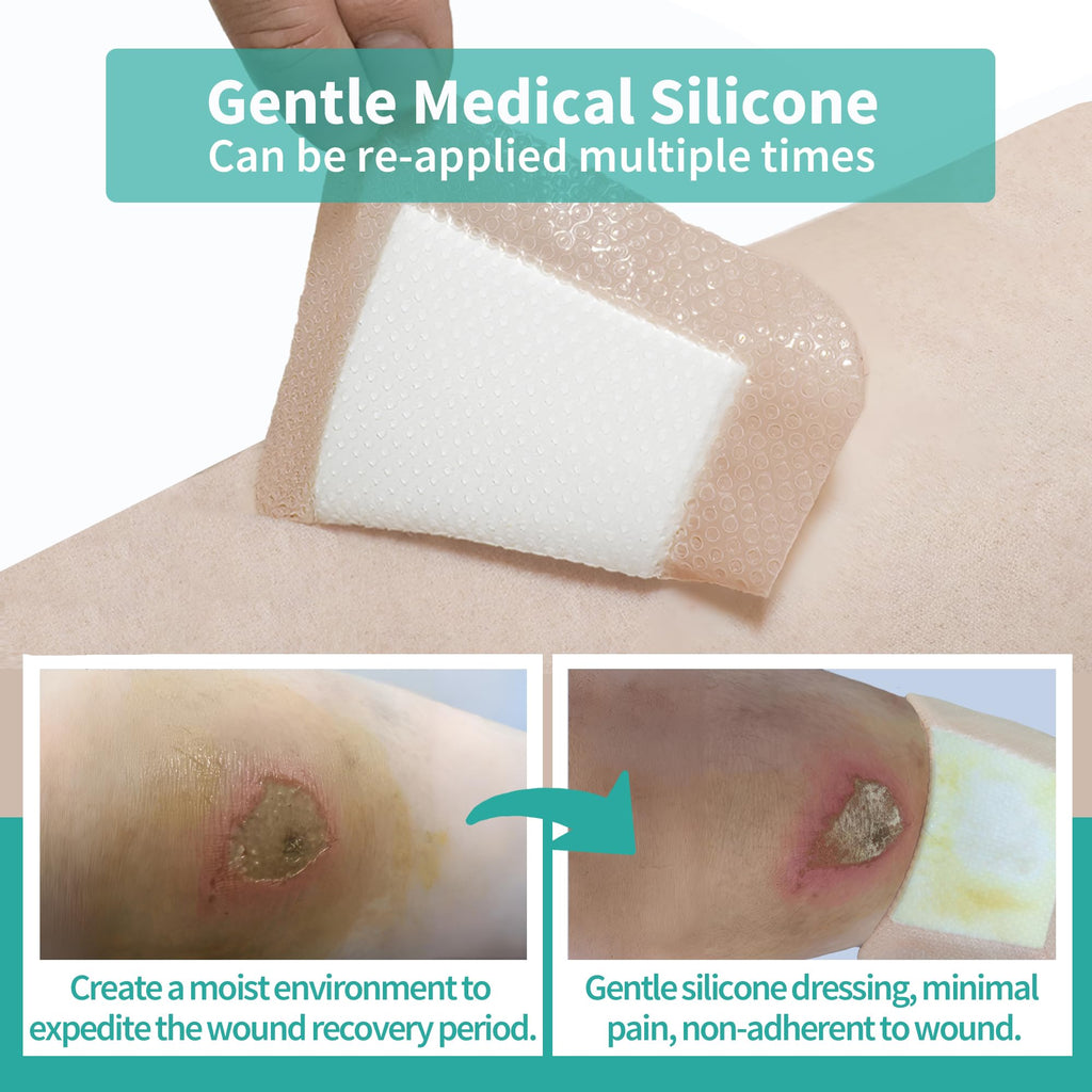 Ourmed Silicone Foam Dressing with Border Adhesive - Large Absorbent Waterproof Bandage for Wound Care, Foot Diabetic Ulcer, Leg Ulcer, 6" x 6", 5 Pack