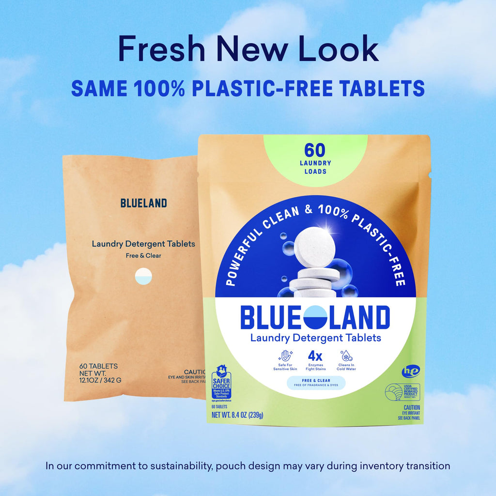 BLUELAND Laundry Detergent Tablets, Starter Set, 60 Count with Tin, Plastic-Free Eco-Friendly Pods, Sheets, Liquid Alternative - Fragrance Free and Clear, Natural, Gentle
