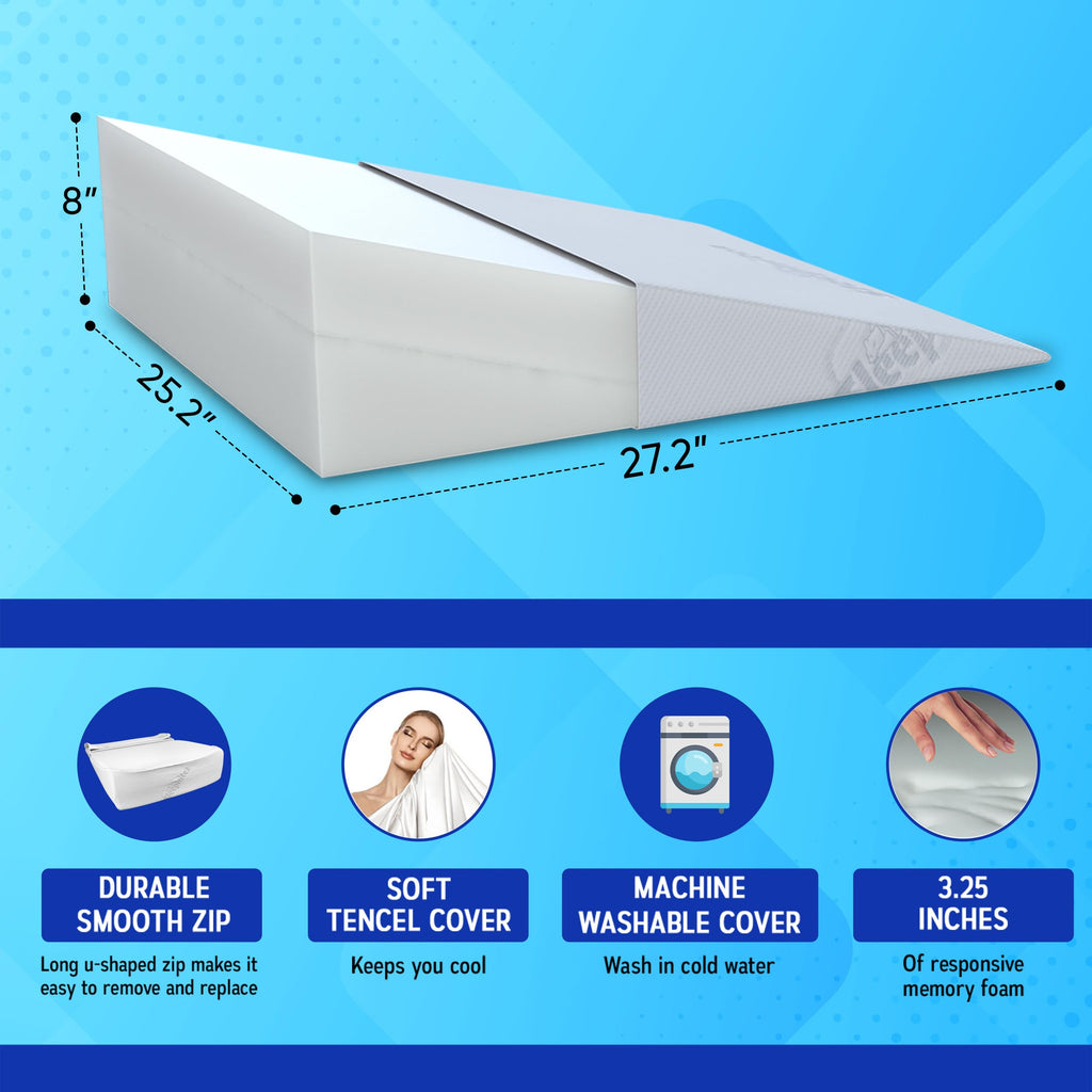 Sleepnitez Fsa Eligible 8" Bed Wedge Pillow – Memory Foam Wedge for Sleeping, Acid Reflux Pillow for Snoring, GERD, Pregnancy, Sleep Apnea, Reading – Luxurious 3.25" Memory Foam Top Layer