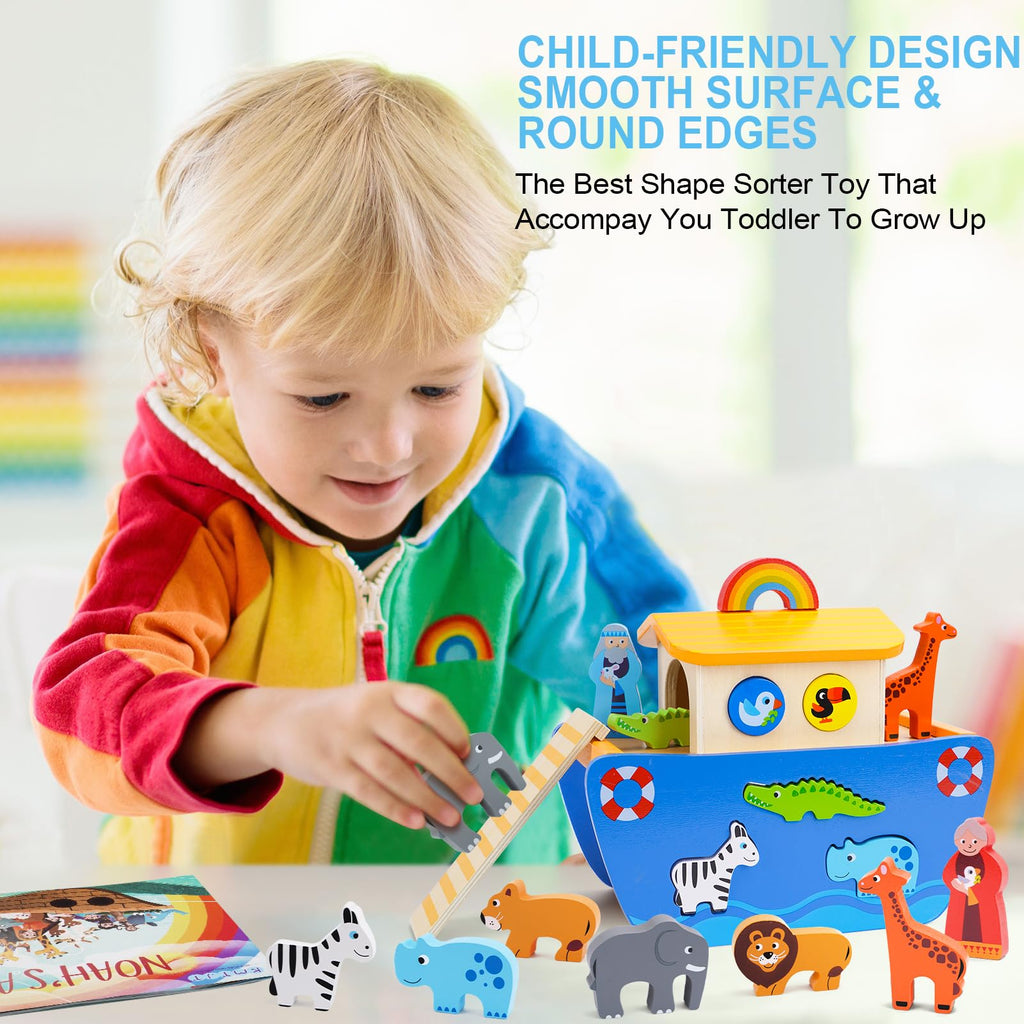 KMTJT Toddlers Wooden Noah's Ark Toy for 1 2 3 Boys Girls Baptism Gifts