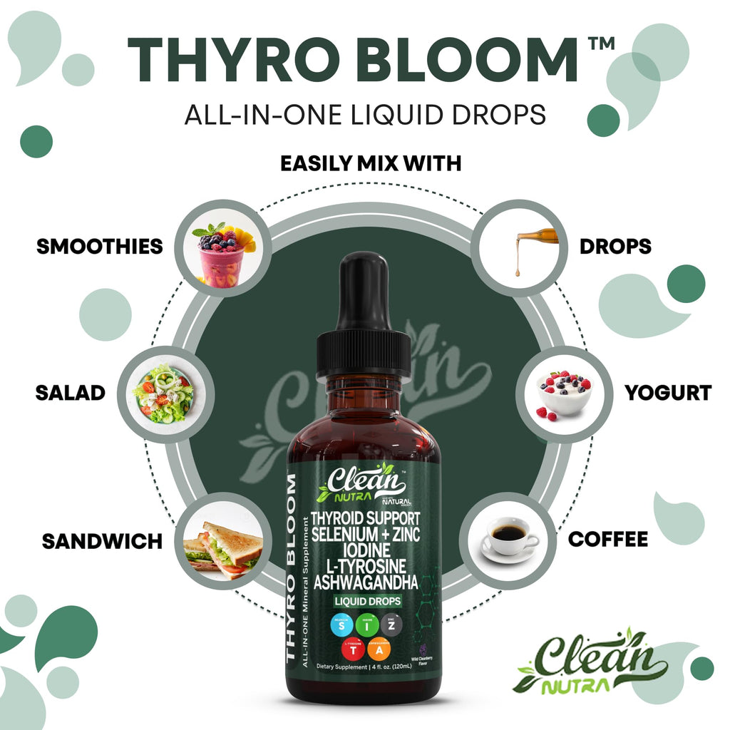 Clean Nutra Thyroid Support Drops Selenium Zinc Iodine L Tyrosine KSM66 Ashwagandha Vitamin D3 B12 A C Turmeric Kelp Schisandra Guggul Cayenne Basil Liquid Supplement Folate Copper Thyro Bloom Drop