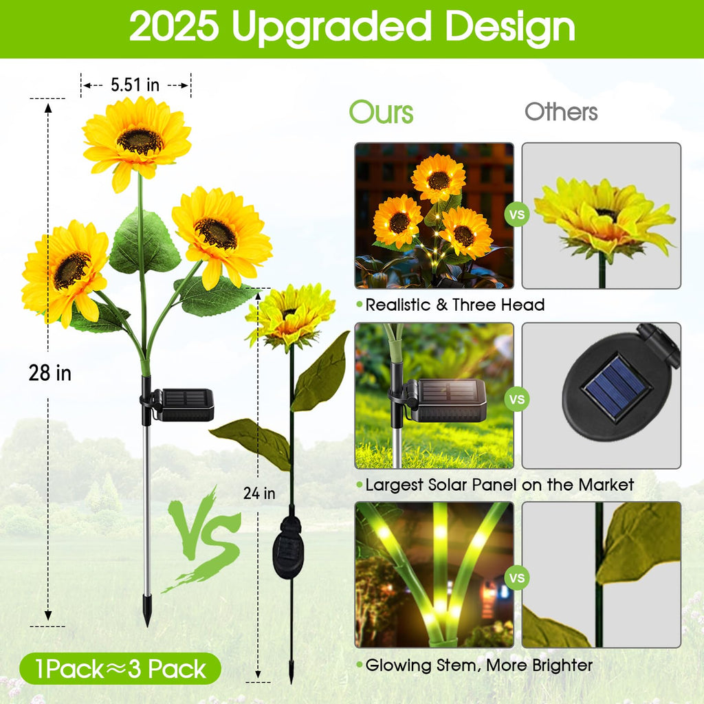 KOOPER Solar Lights Outdoor Garden Decor - Upgraded 3 Pack with 9 Sunflower Lights, Waterproof Solar Outdoor Lights Auto ON/Off Solar Decorative Lights for Garden, Patio, Backyard
