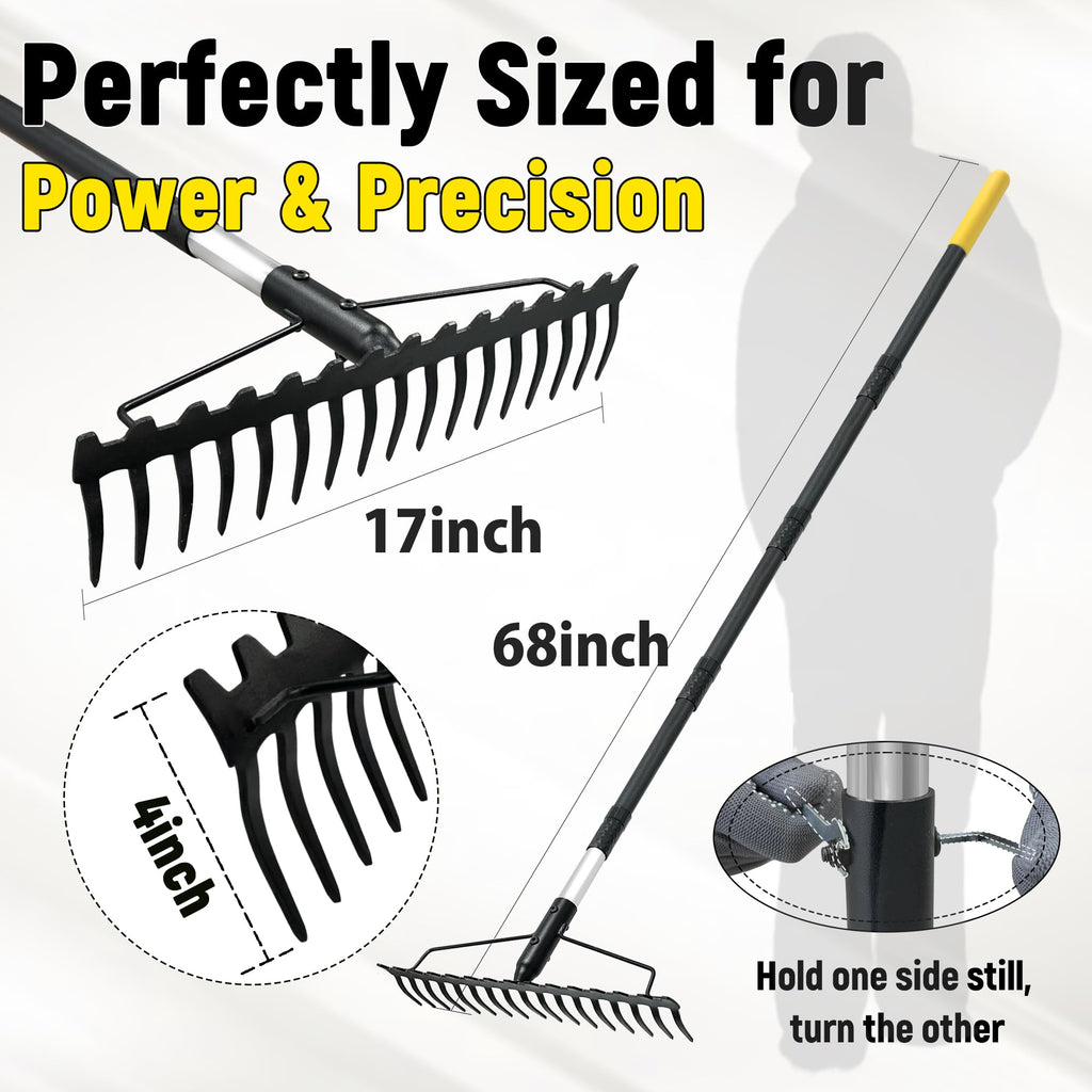 BlumeTrec Bow Rake, 68-Inch Adjustable Handle Garden Rake with 17 Steel Tines, Heavy Duty Dual-Sided Metal Rake Landscape Gardening Tool for Soil Loosening Lawn Yard Leaves Mulch Thatch Removing