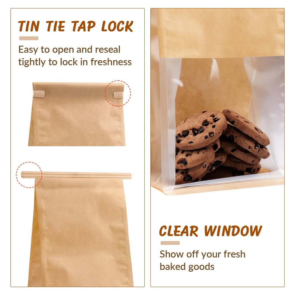 60 Pcs Bakery Bags with Window, 5.1x6.2x10.5 Inches Ties Lock Cookie Packaging Bag Resealable Paper Treat Bags for Homemade Breads, Popcorn, Candies,Treats, Snacks, Baked Goods Packaging