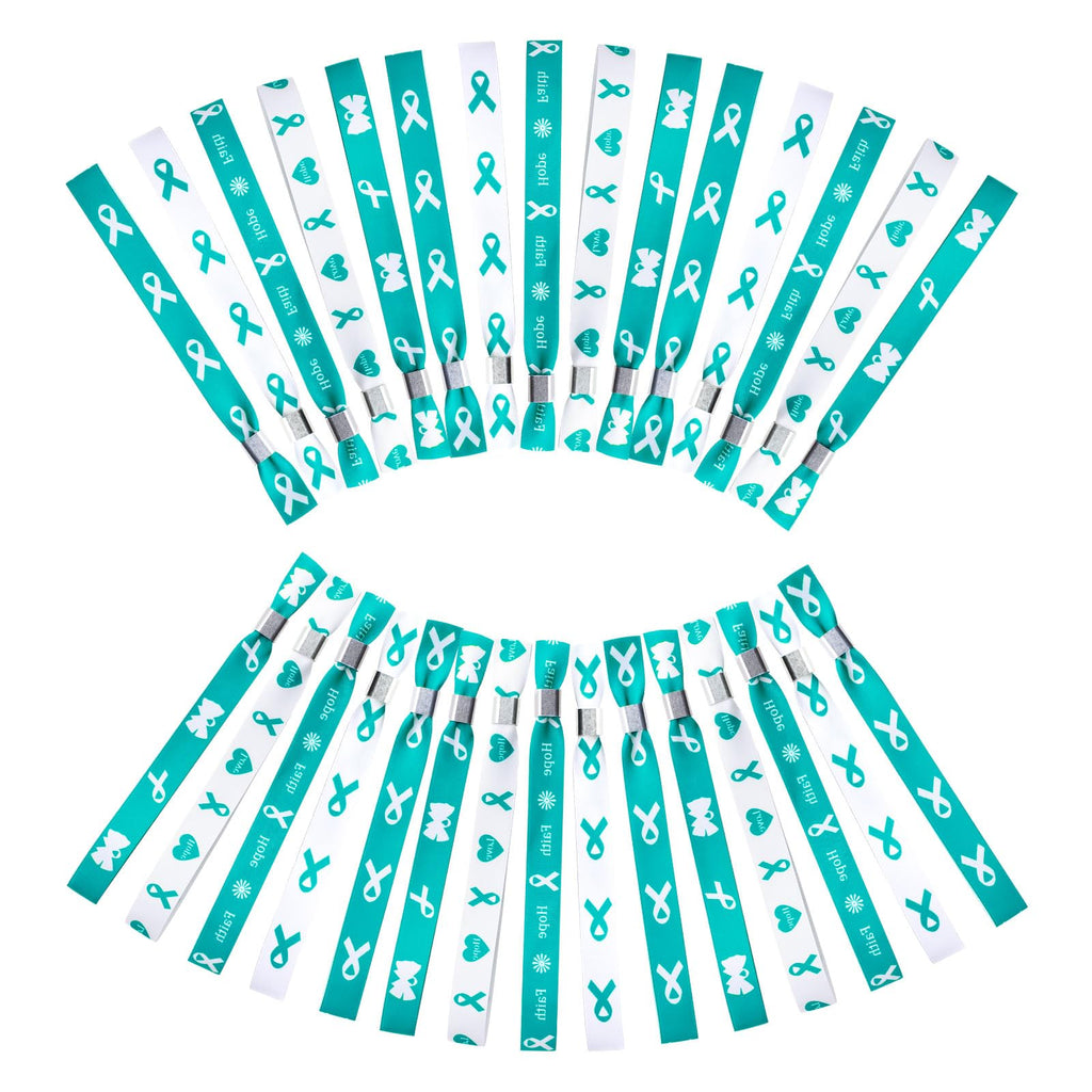 WANDIC 30 Pcs Teal Ribbon Bracelets, 5 Style Polyester Single Side Adjustable Cervical Cancer Awareness Support Wristband for Event Fundraising, 6.89 * 0.59 * 0.07, no Gemstone
