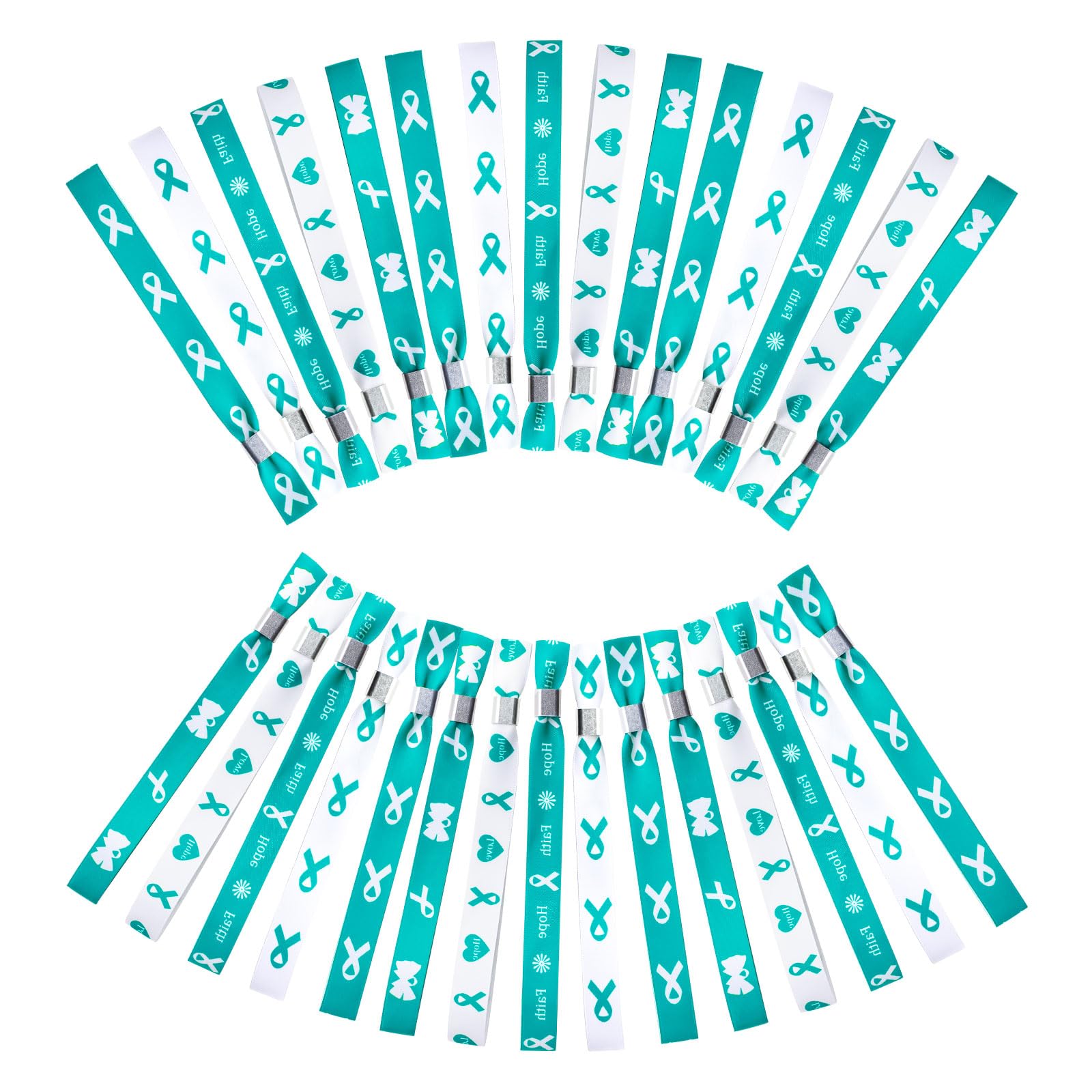 WANDIC 30 Pcs Teal Ribbon Bracelets, 5 Style Polyester Single Side Adjustable Cervical Cancer Awareness Support Wristband for Event Fundraising, 6.89 * 0.59 * 0.07, no Gemstone