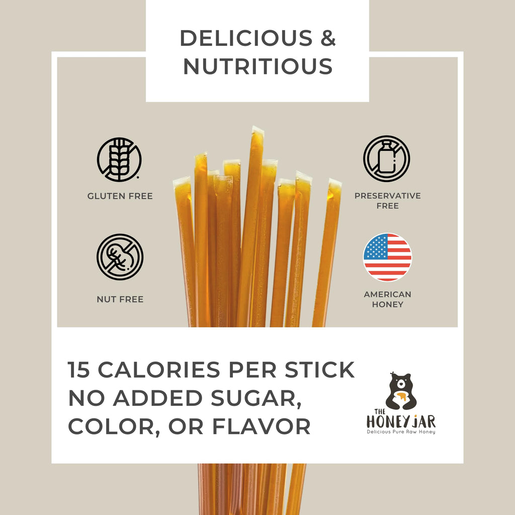 The Honey Jar Plain Honey Sticks - Pure Honey Straws For Tea, Coffee, or a Healthy Treat - One Teaspoon of Flavored Honey Per Stick - Made In The USA with Real Honey - (100 Count)