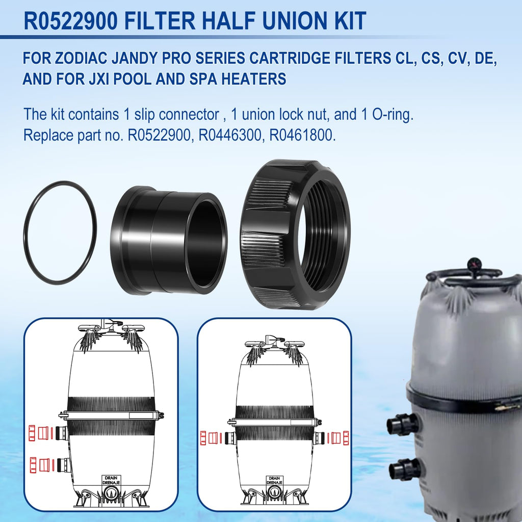 R0522900 Half Union Fitting with O-Ring Replacement Parts Fit for Zodiac Jandy Pro Series Cartridge Filters CL, CS, CV, DE, and for Jandy JXI Pool and Spa Heaters