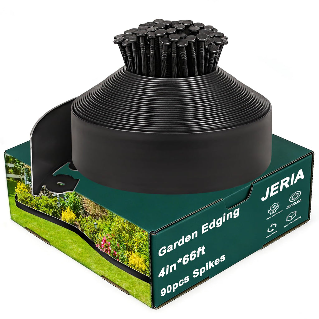 JERIA 4 Inch Tall 66 FT Garden Edging Kit with 90pcs Spikes, Plastic Edging for Landscaping