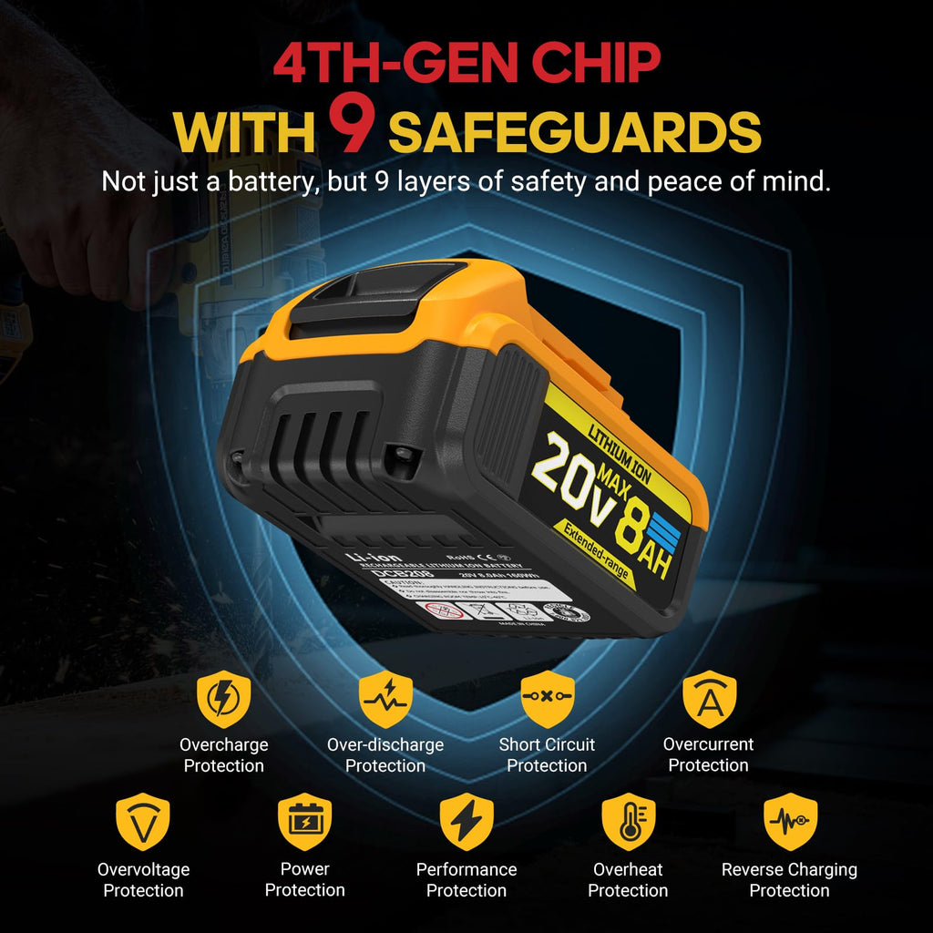 8Ah Replacement Compatible for Dewalt 20V Max Battery with High Capacity Batteries Cordless Power Tools 20 Volt Baterías DCB201 DCB203 DCB204 DCB205 DCB205c DCB205-2 DCB206 2 Pack Batteries Pilas