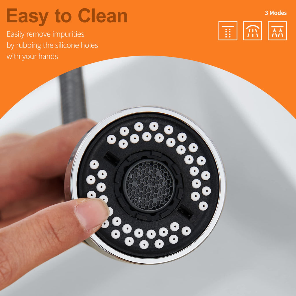 TIORIY Kitchen Faucet Head Replacement with 15 Adapters, 3 Function Pull Down Kitchen Faucet Spray Head, Pull Out Kitchen Sink Tap Sprayer Nozzle, Chrome, Plastic