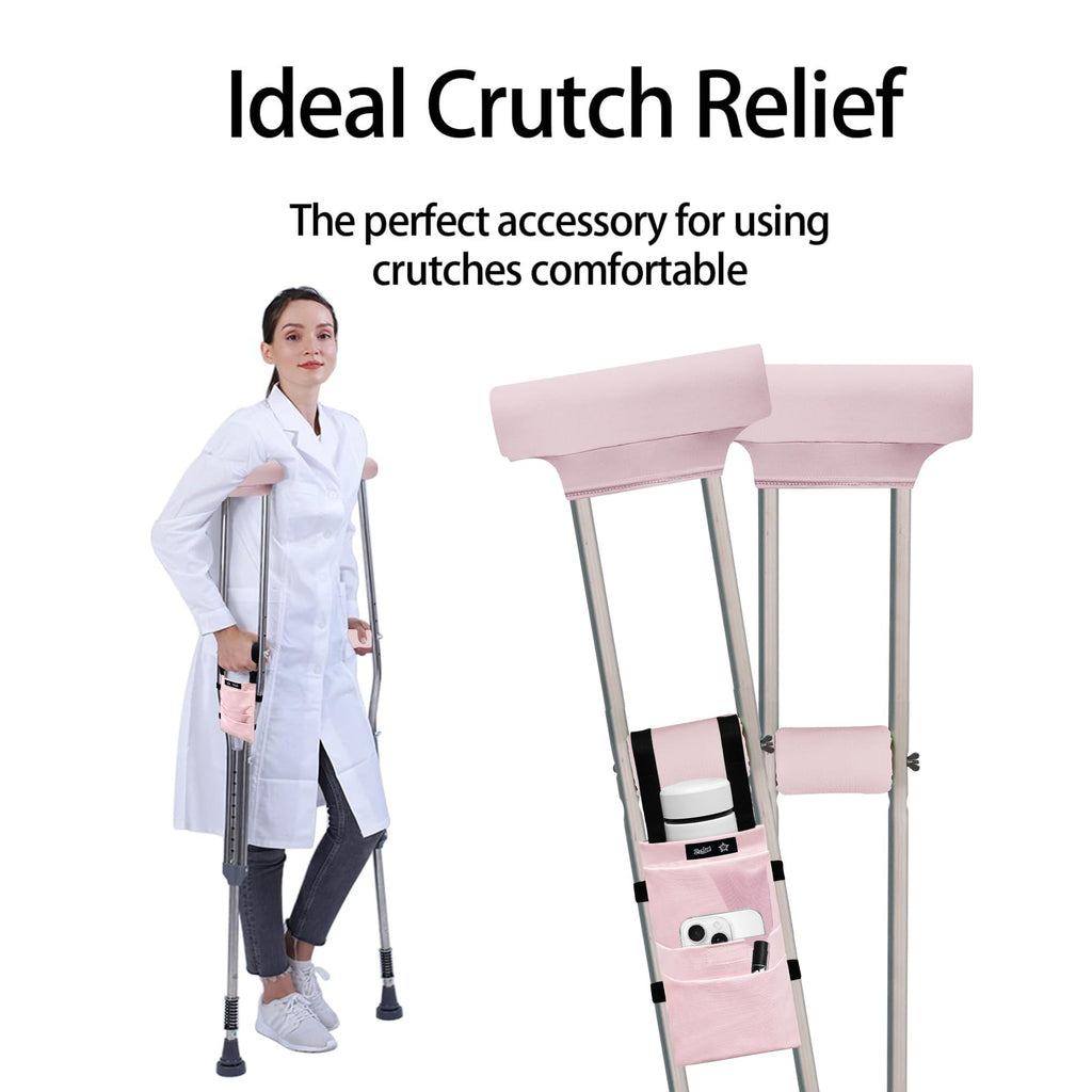 SPRING SEAON Crutches Padding & Crutch Bag (5 PCS) - Crutch Pads for Armpits and Hand Grips Water-Resistant Pouch for Crutches Crutch Cushions Crutches Accessories for Kids, Men, Women Pink