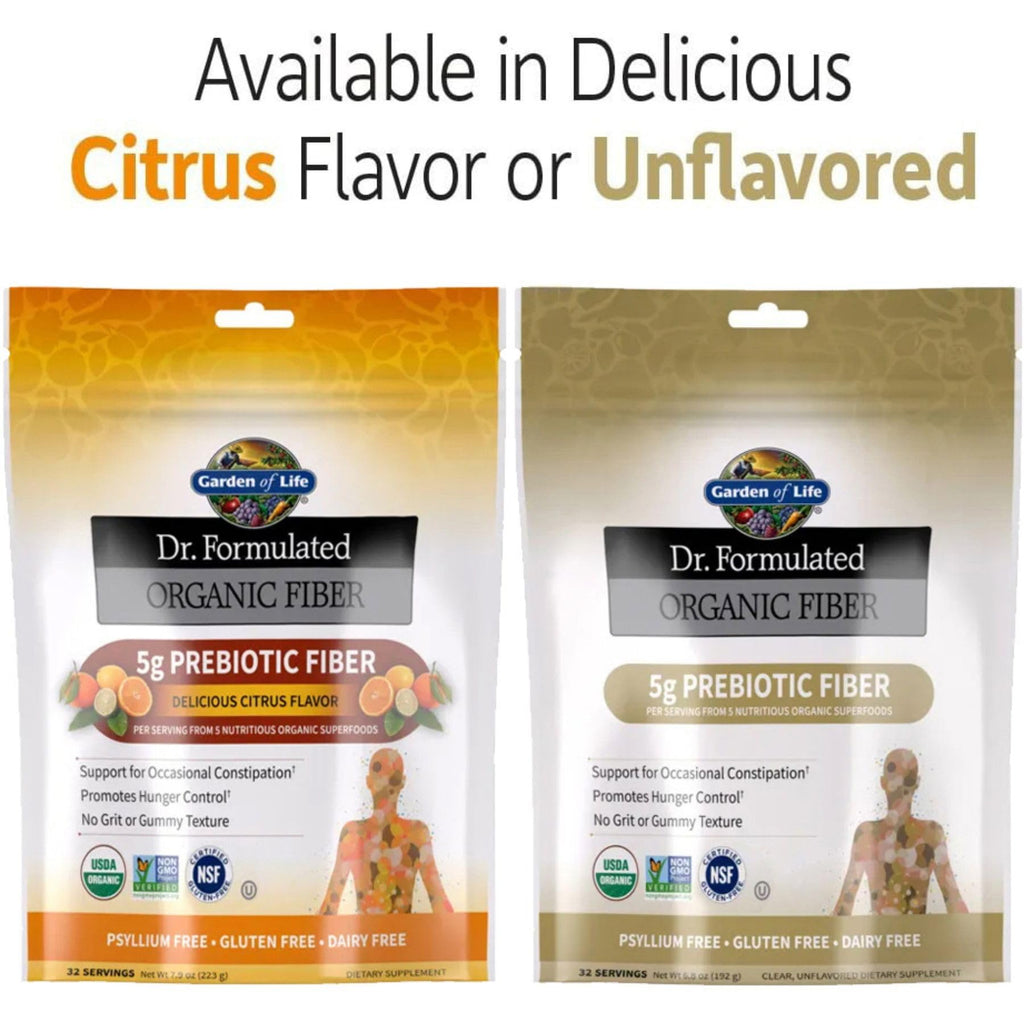 Garden of Life Dr. Formulated Organic Fiber Powder, Citrus Flavor, Prebiotic Superfood Fiber Supplement, Constipation Relief, Psyllium Free, 32 Servings