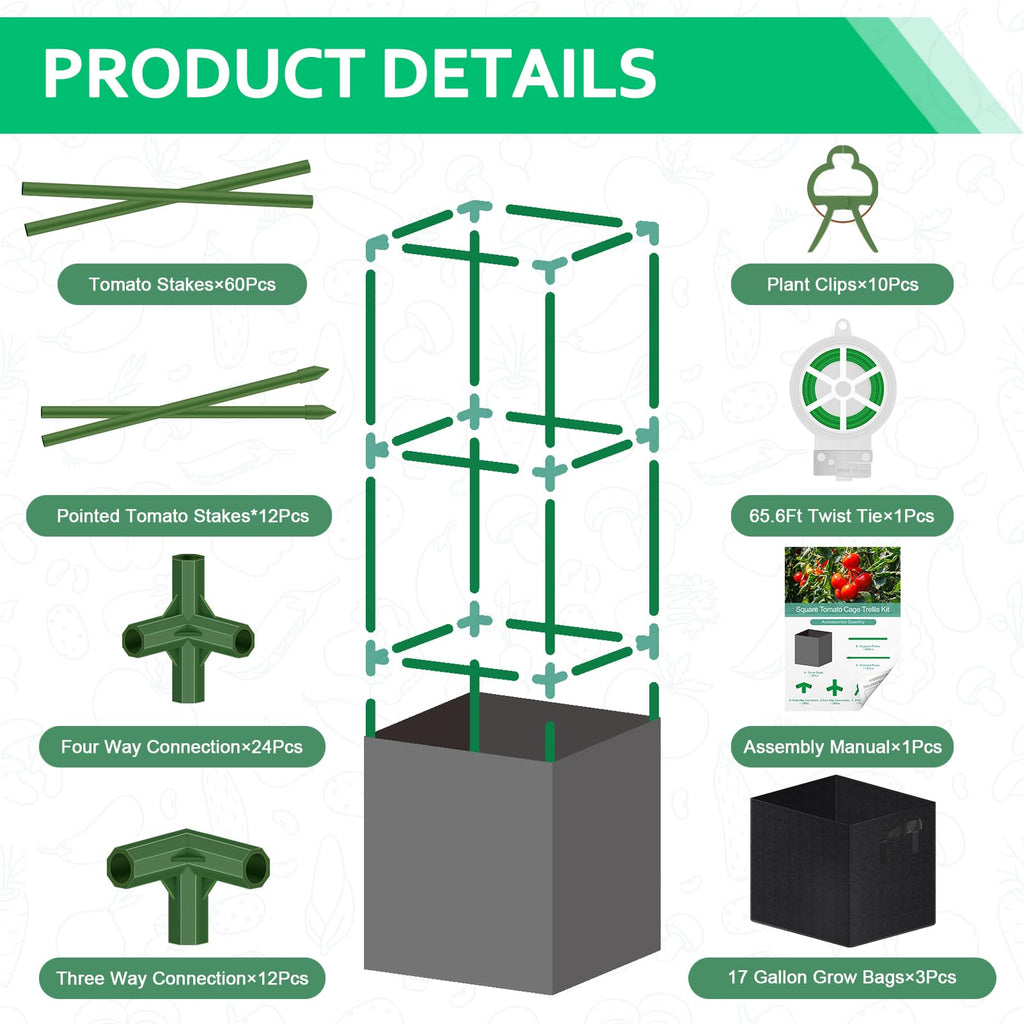 WLLEYAY 3 Pack 46'' Square Tomato Cages with 17 Gallon Grow Bags