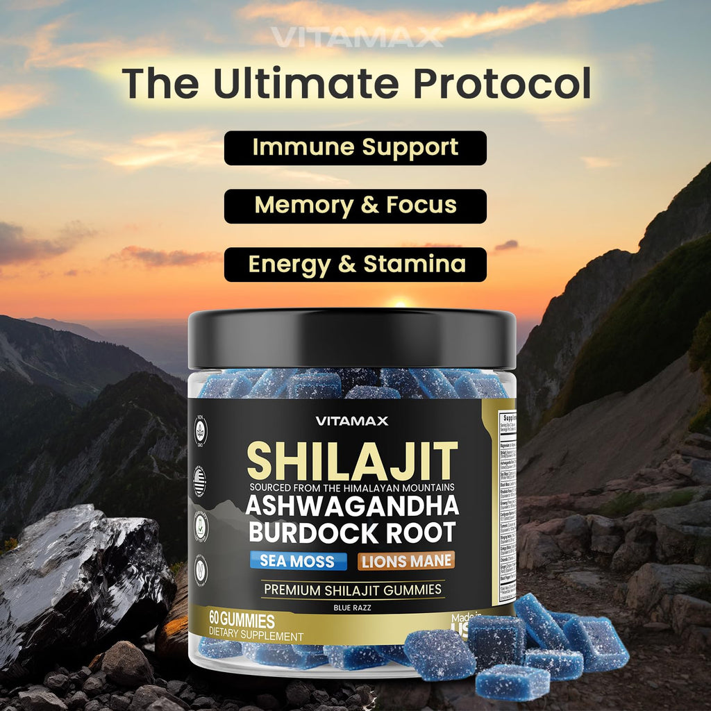 Organic Shilajit Gummies, Sea Moss, Ashwagandha, 105+ Trace Minerals – Organic Burdock Root & Lions Mane Mushroom - Blue Razz – Vegan & Non-GMO – Made in USA – 60ct