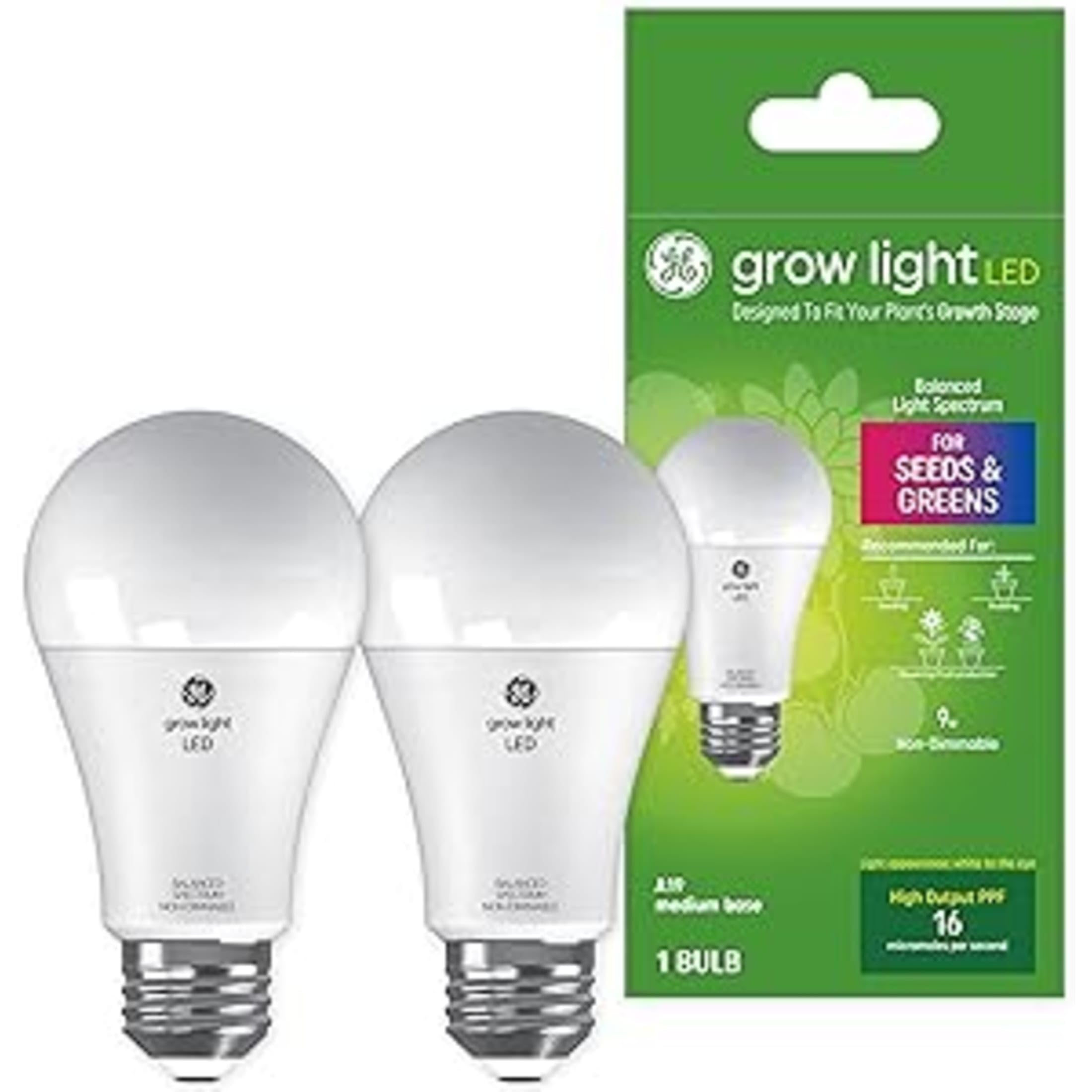 GE Grow LED Plant Light Bulb, Balanced Spectrum, A19, 2 Pack