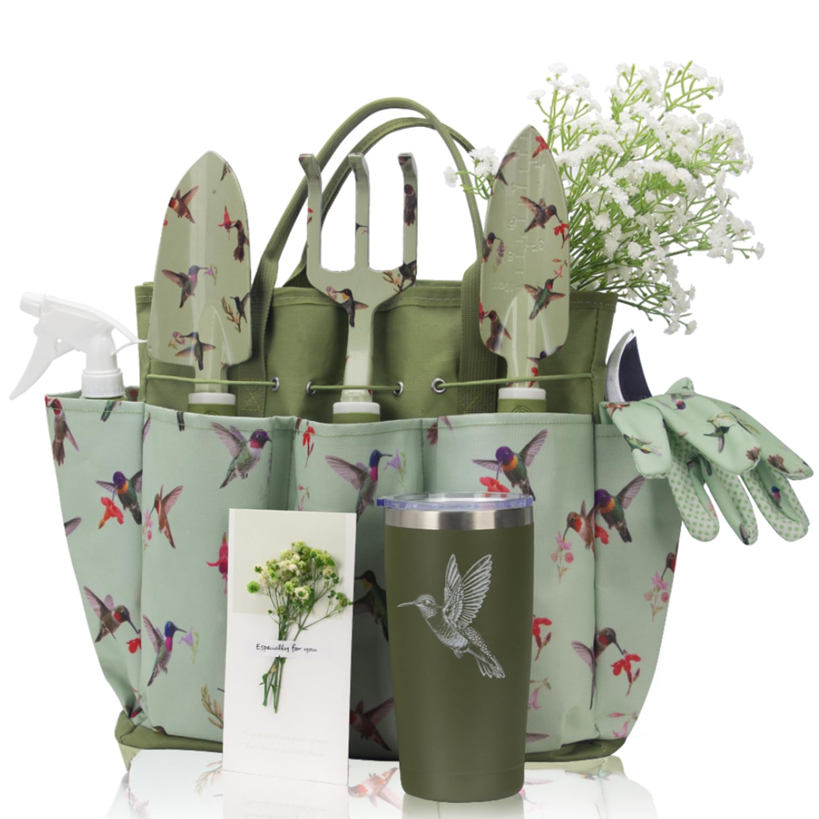 Garden Tool Set with Hummingbird Print, Heavy Duty Gardening Hand Tools with Garden Tool Bag,Gardening Gifts for Women&Men,Green