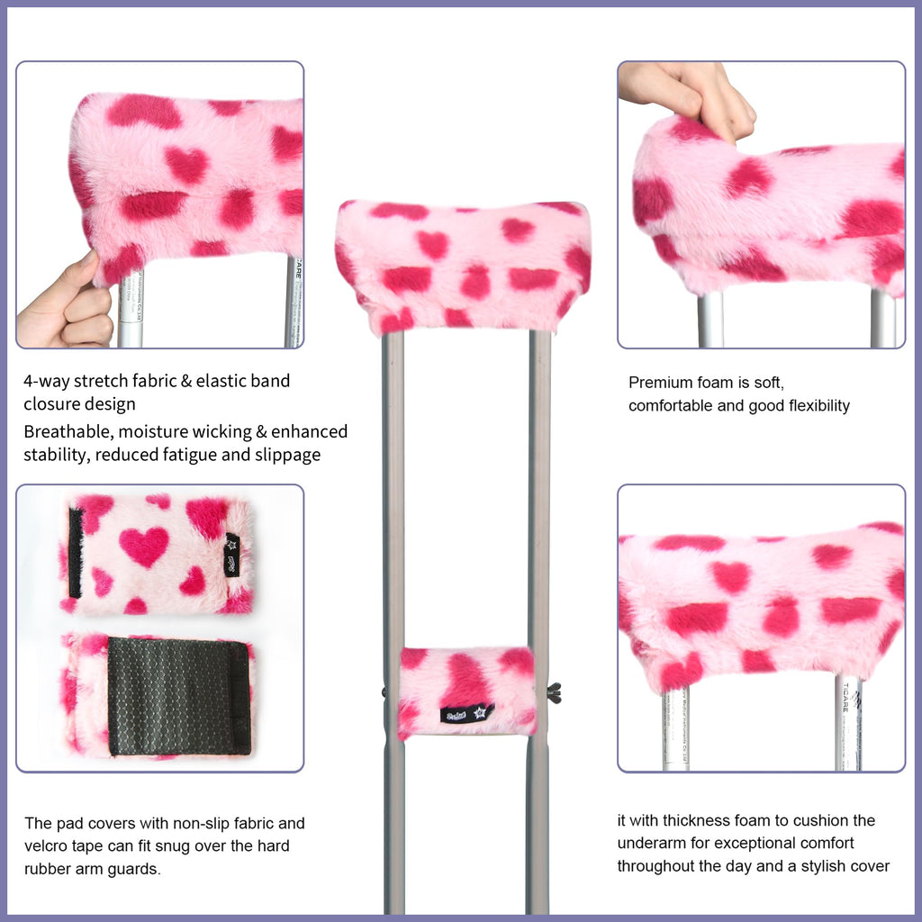 SPRING SEAON Plush Padded Crutches Covers underarm Crutch Pads Non Slip Padding Cushion Crutch Accessories(pink heart)