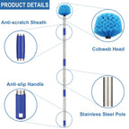 Cobweb Duster with Pole, 10ft Stainless Steel Pole Cobweb Brush with Medium-Stiff Bristles for Walls Beams Shelves Iight Fixtures and Window Screens