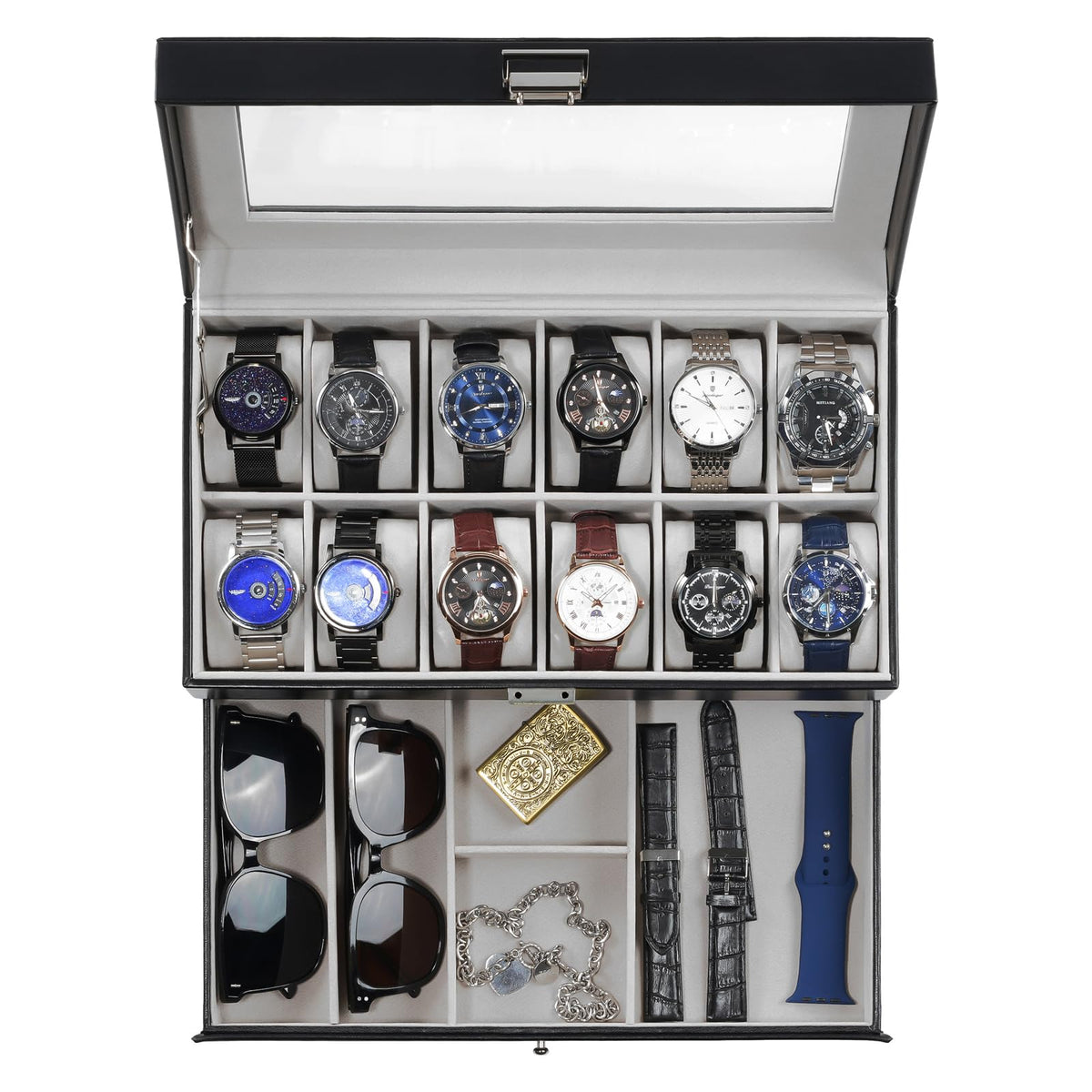 ProCase Watch Box, 12 Slot Watch Case for Men with Drawer, Black