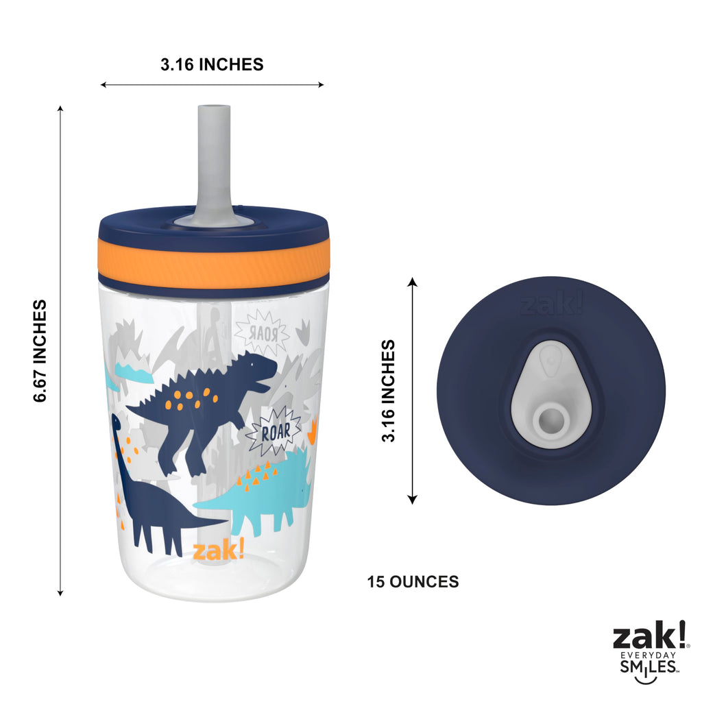 Zak Designs Kelso Toddler Cups For Travel or At Home, 15oz 2-Pack Durable Plastic Sippy Cups With Leak-Proof Design is Perfect For Kids (DinoRoar, Zaksaurus)