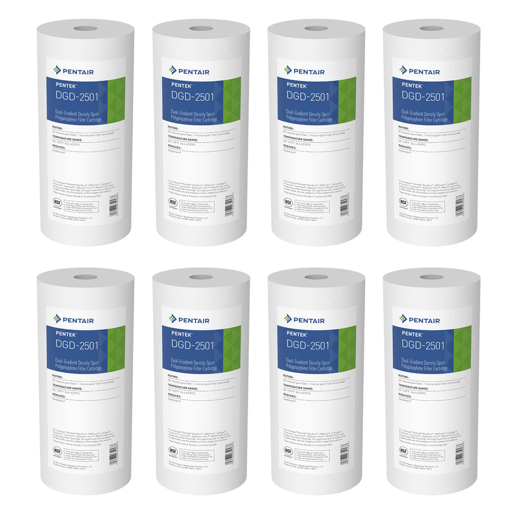 Pentair Pentek DGD-2501 Big Blue Water Filter, 10-Inch Whole House Sediment Filter Cartridge Replacement, Dual-Gradient Density Spun Polypropylene, 10" x 4.5", 1 Micron, Pack of 8