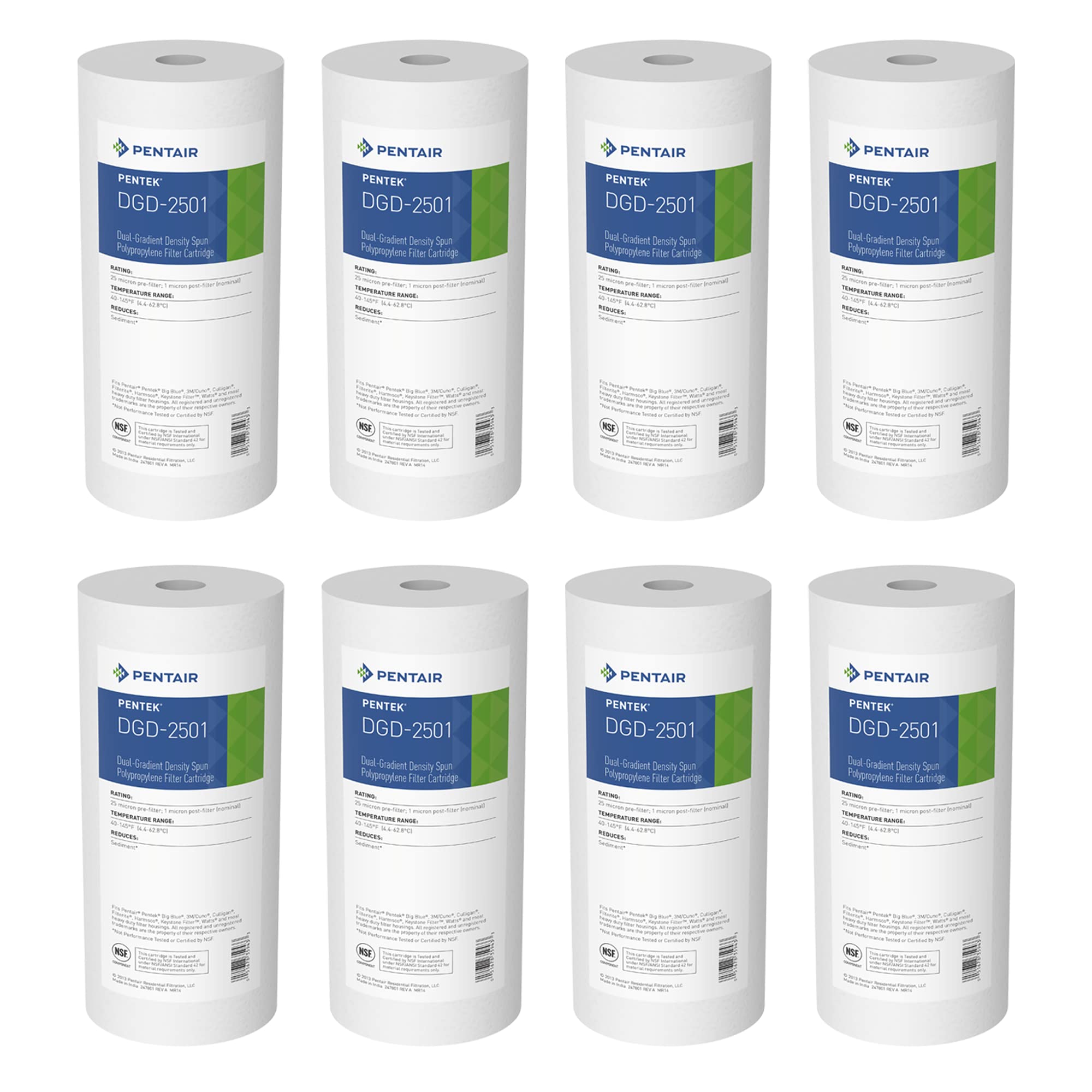 Pentair Pentek DGD-2501 Big Blue Water Filter, 10-Inch Whole House Sediment Filter Cartridge Replacement, Dual-Gradient Density Spun Polypropylene, 10" x 4.5", 1 Micron, Pack of 8