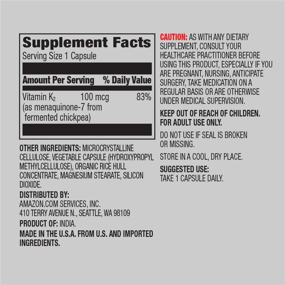 Amazon Elements Vitamin K2 100 mcg, Vegan, 65 Capsules, 2 Month Supply (Packaging May Vary) (Pack of 2)