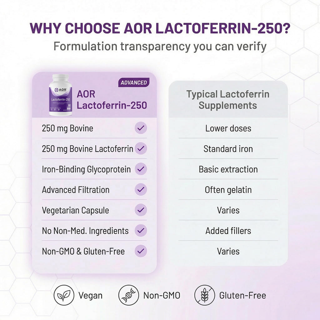 AOR Lactoferrin 250mg, 60 Vegetarian Capsules, 30-60 Day Supply – Supports Healthy Iron Balance & Enhanced Daily Vitality for Overall Well-Being – Non-GMO, Gluten-Free.
