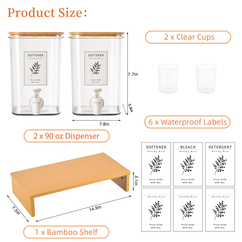RoleDes Liquid Laundry Detergent Dispenser Set with Shelf and Bamboo Lids for Laundry Room Organization and Storage - 2 Pack 96 oz Laundry Containers for Laundry Soap, Fabric Softener