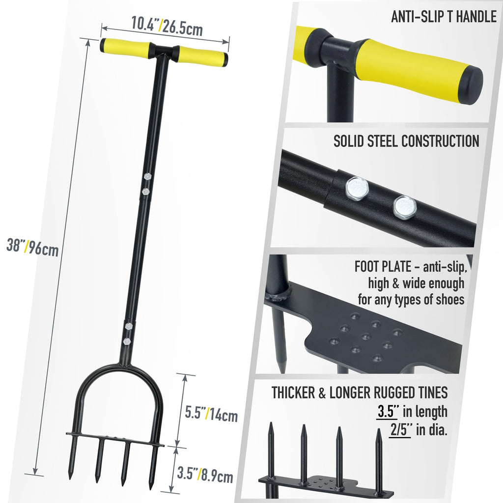 Colwelt Lawn Aerator Tool 38inch, Heavy Duty Grass Spike Aerator for Compacted Soil Aeration, Manual Lawn Air Aerators Tool with,Wide Foot Plate, Rugged Steel Spikes 3.5’’ in Length, 2/5’’ in Dia.
