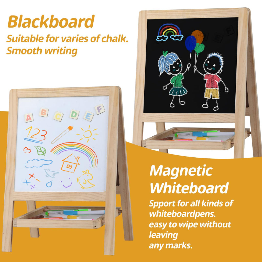 Tabletop Painting Wooden Art Easel for Kids - 4-in-1 Double-Sided Drawing Board for Toddlers 2-4, Chalkboard & Dry Whiteboard with Markers, Eraser, Magnetic Letters/Numbers & Flashcards