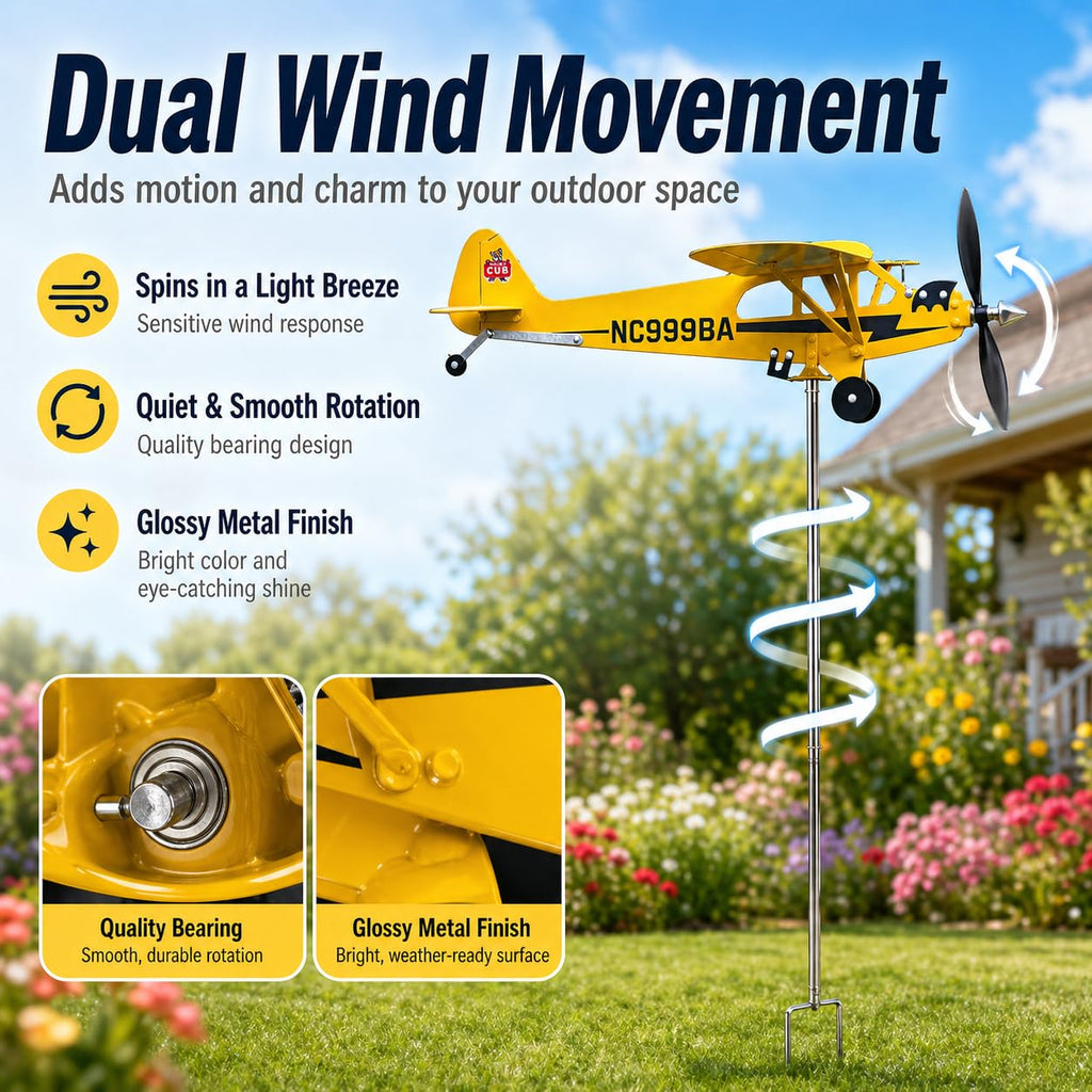 SDFRT Magic Metal Kinetic Sculpture Airplane Weathervane,Metal Wind Spinners for Yard and Garden, 3D Kinetic Wind Spinner Wind Catchers Sculpture, Airplane Weathervane (Piper J3 Cub,32 ×32 x80cm)