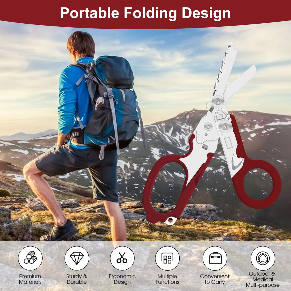 6 in 1 Multifunctional Combination Tool, Folding Retractable Emergency Shears, Outdoor Camping Tools, Seat Belt Cutter, Oxygen Cylinder Wrench, Complimentary Adjustable Wrench (red)