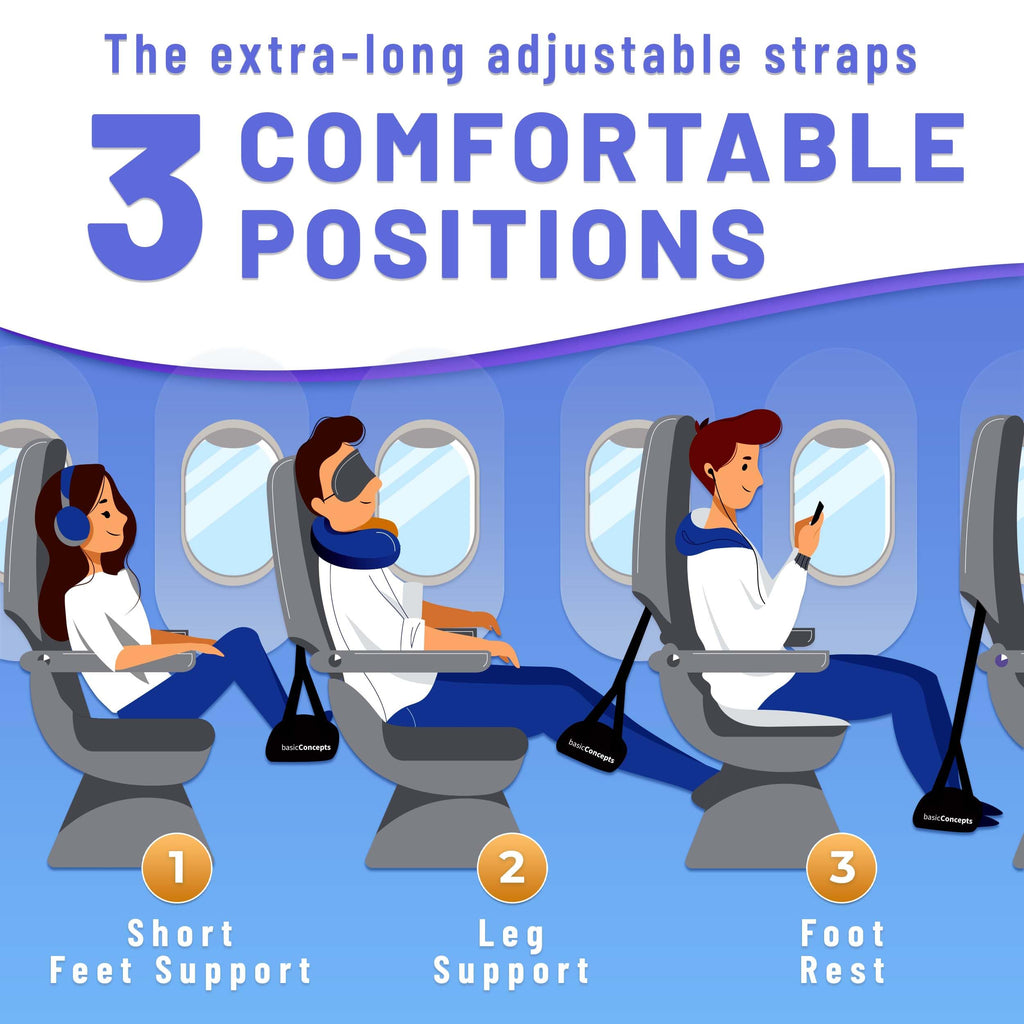 BASIC CONCEPTS Airplane Adjustable Foot Hammock (2 Pack), Perfect or Office Footrest to Relax Your Feet (Memory Foam) - for Travel Accessories, Desk Hammock, Comfy Hanger