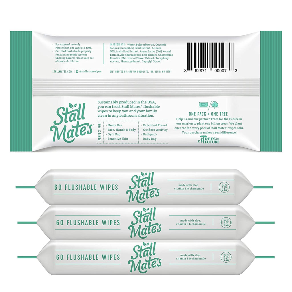 Stall Mates Wipes: Flushable Wipes, 60-Wipe Home Pack, Hypoallergenic, Unscented with Vitamin-E & Aloe, (4 Pack - 240 Total)