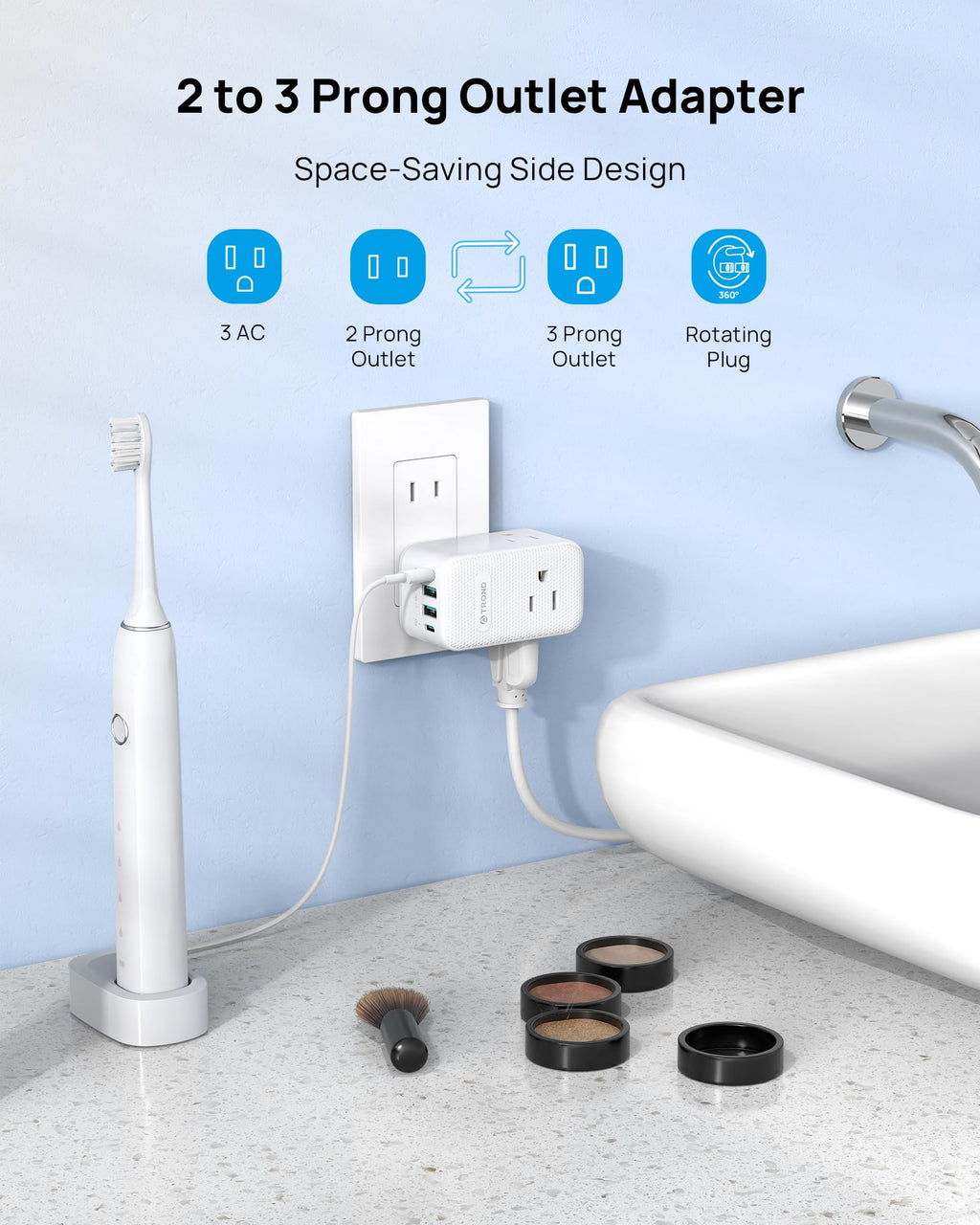 TROND 2 Prong to 3 Prong Outlet Adapter with 360 Rotating Plug, 3 AC Power Splitter with 2 USB C PD20W, Travel Plug Adapter for US to Japan, Wall Outlet Extender for Old House Travel Essentials