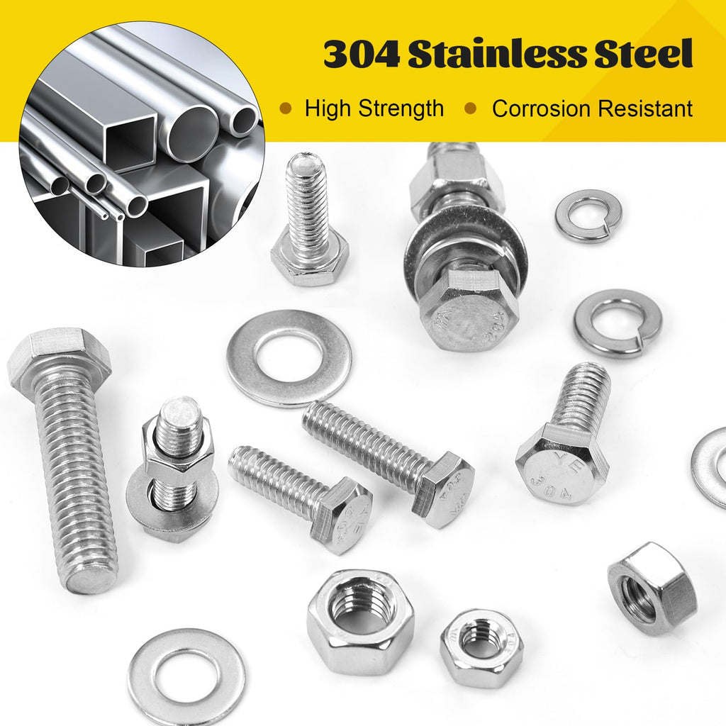 Fgruh 260PCS Hex Bolts and Nuts Assortment Kit,1/4-20, 5/16-18, 3/8-16 Hex Head Bolt Nut and Flat & Spring Washers Assorted,304 Stainless Steel, Fully Threaded
